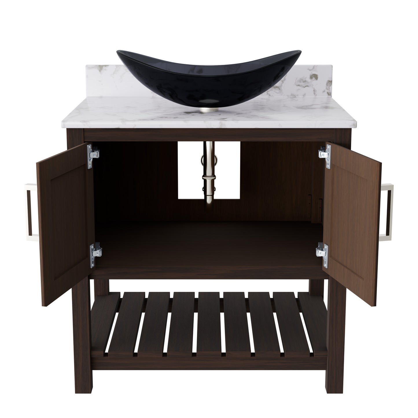 Novatto 30-inch bath vanity with café mocha quartz countertop and integrated sink, stylish bathroom accessory.