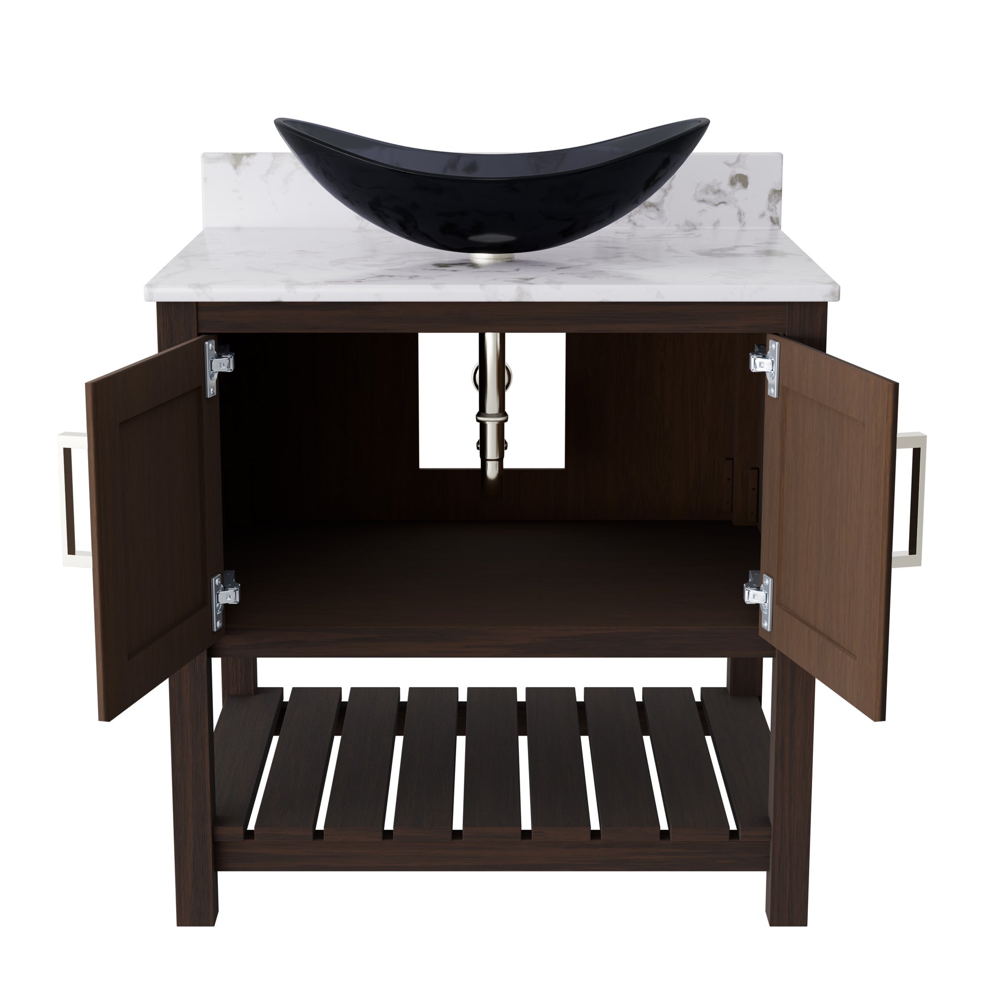 Novatto 30-inch bath vanity with café mocha quartz countertop and integrated sink, stylish bathroom accessory.