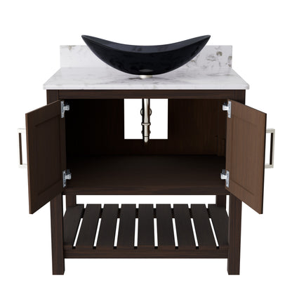 Novatto 30-inch bath vanity with café mocha quartz countertop and integrated sink, stylish bathroom accessory.