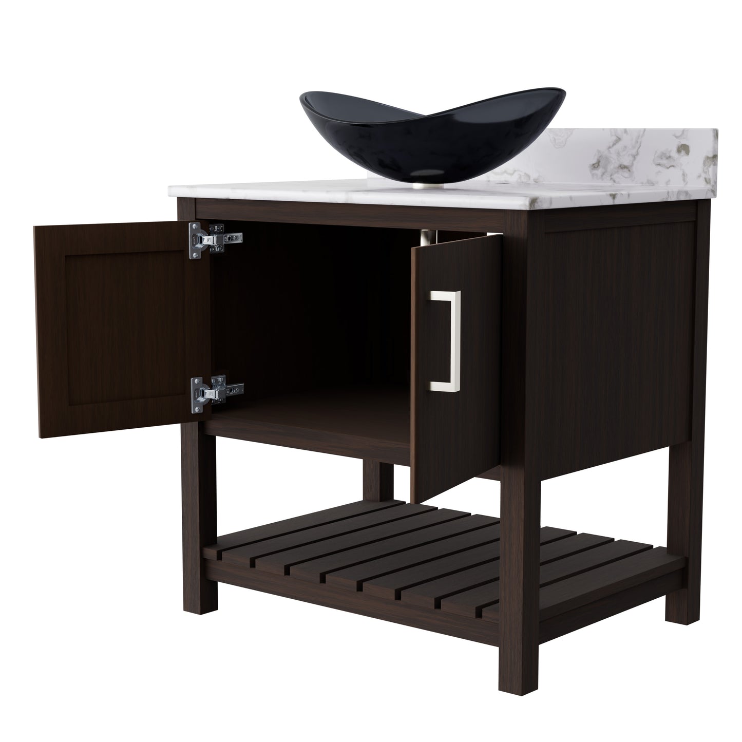 30-inch Novatto bathroom vanity with café mocha quartz countertop and integrated sink, showcasing sleek design and durable materials.