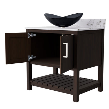 30-inch Novatto bathroom vanity with café mocha quartz countertop and integrated sink, showcasing sleek design and durable materials.