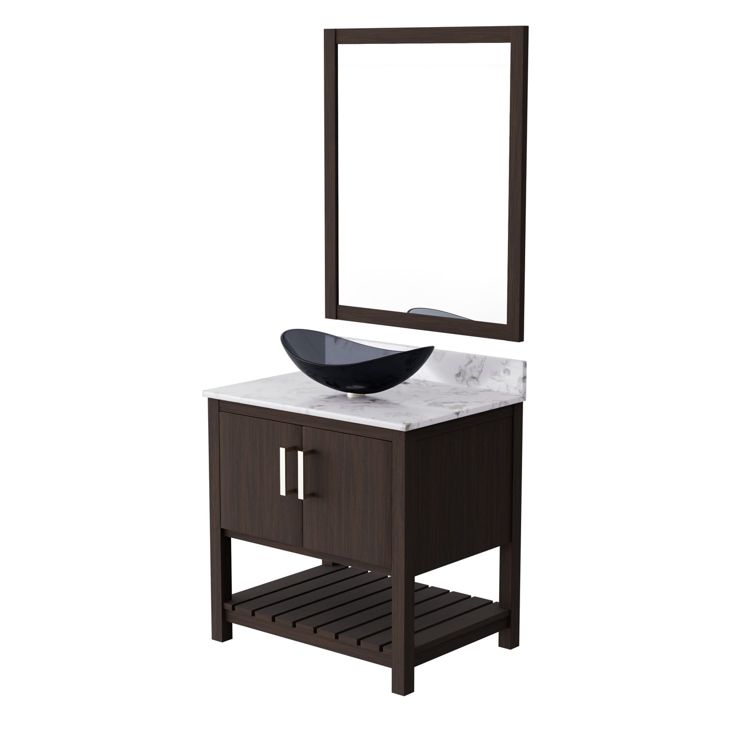 Novatto 30-inch bath vanity with café mocha quartz countertop and sink, showcasing a sleek bathroom accessory design.