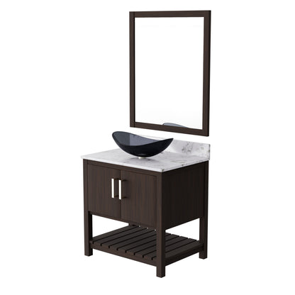 Novatto 30-inch bath vanity with café mocha quartz countertop and sink, showcasing a sleek bathroom accessory design.
