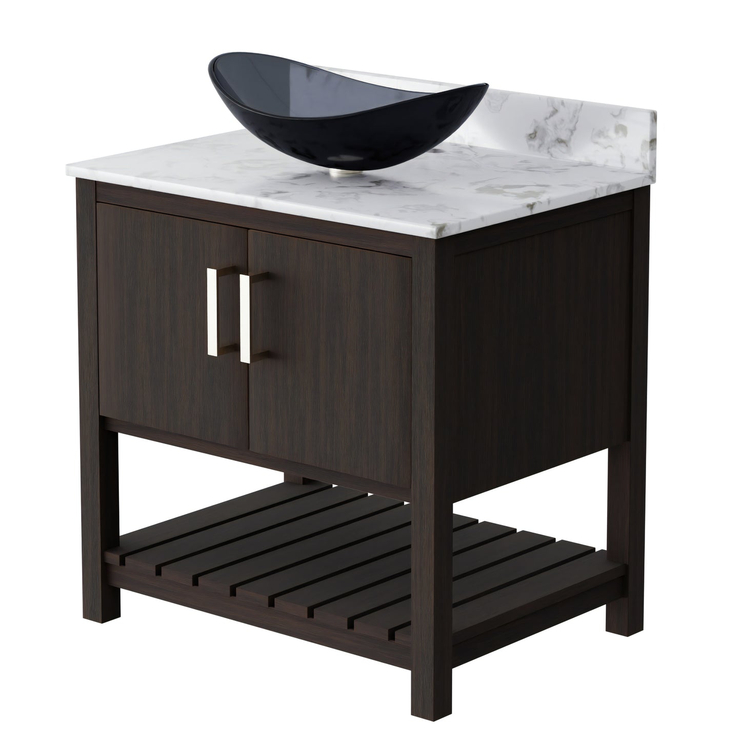 30-inch Novatto bathroom vanity with café mocha quartz countertop and sink, showcasing a sleek, modern accessory design.
