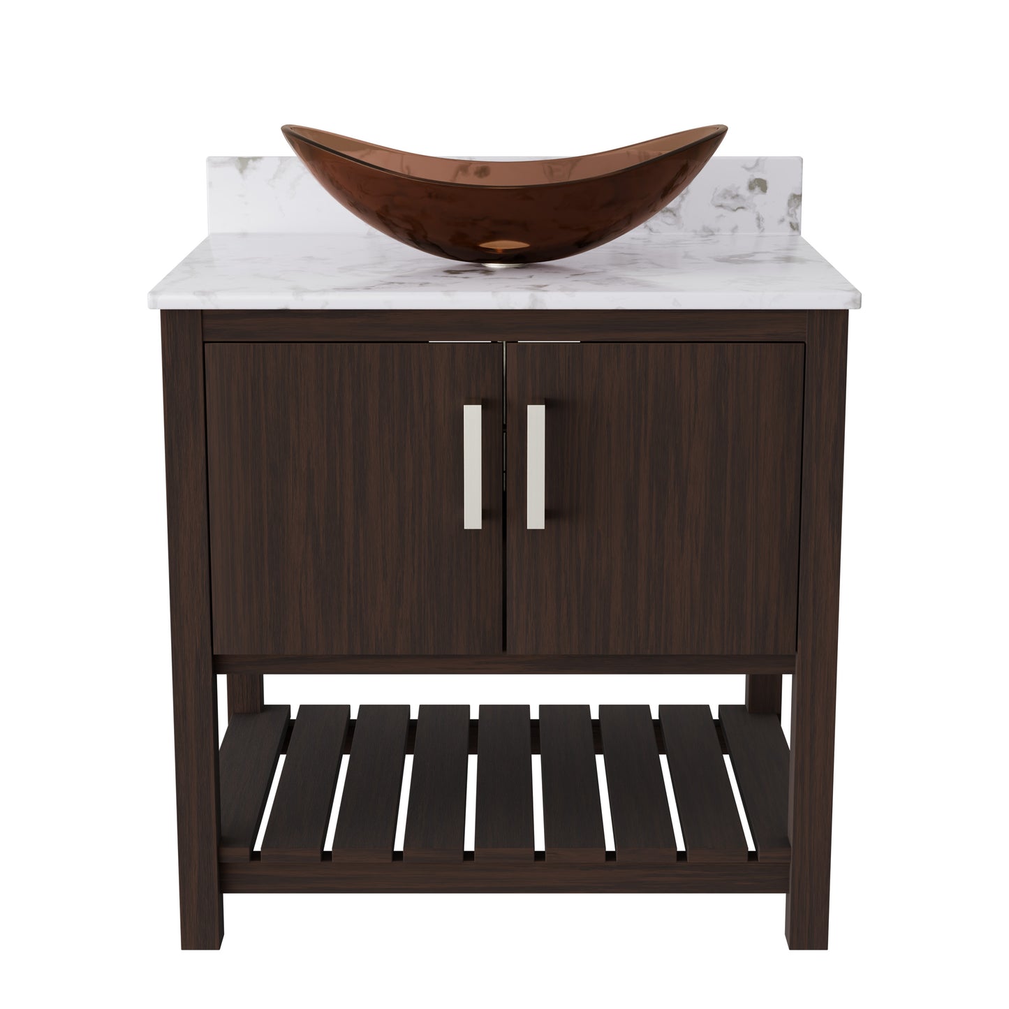 30-inch Novatto bath vanity with café mocha quartz counter and integrated sink, showcasing a sleek bathroom accessory.