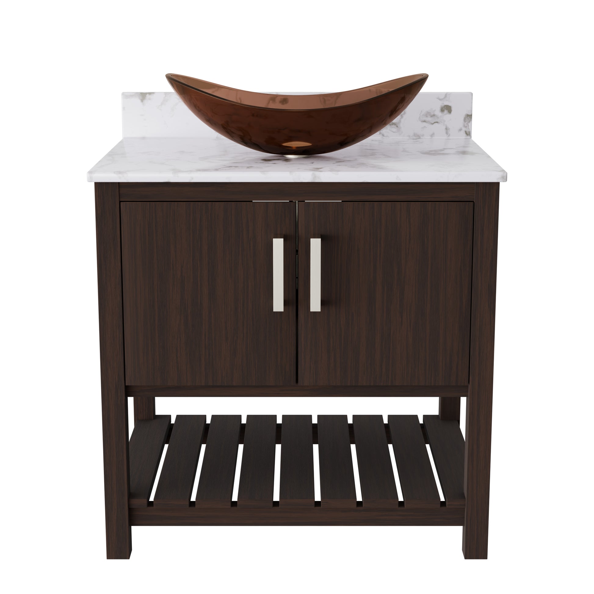 30-inch Novatto bath vanity with café mocha quartz counter and integrated sink, showcasing a sleek bathroom accessory.