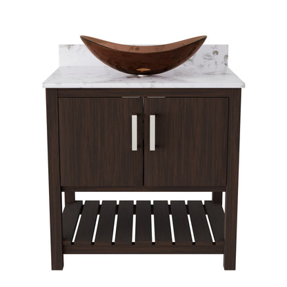 30-inch Novatto bath vanity with café mocha quartz counter and integrated sink, showcasing a sleek bathroom accessory.
