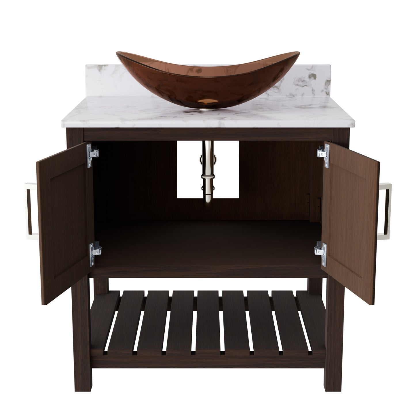 30-inch Novatto bath vanity with Café Mocha quartz countertop and integrated sink, showcasing sleek bathroom accessory design