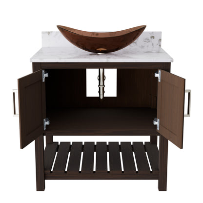 30-inch Novatto bath vanity with Café Mocha quartz countertop and integrated sink, showcasing sleek bathroom accessory design