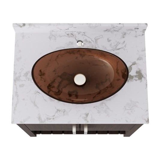 30-inch Novatto bath vanity with café mocha quartz countertop and sink, showcasing the stylish bathroom accessory.