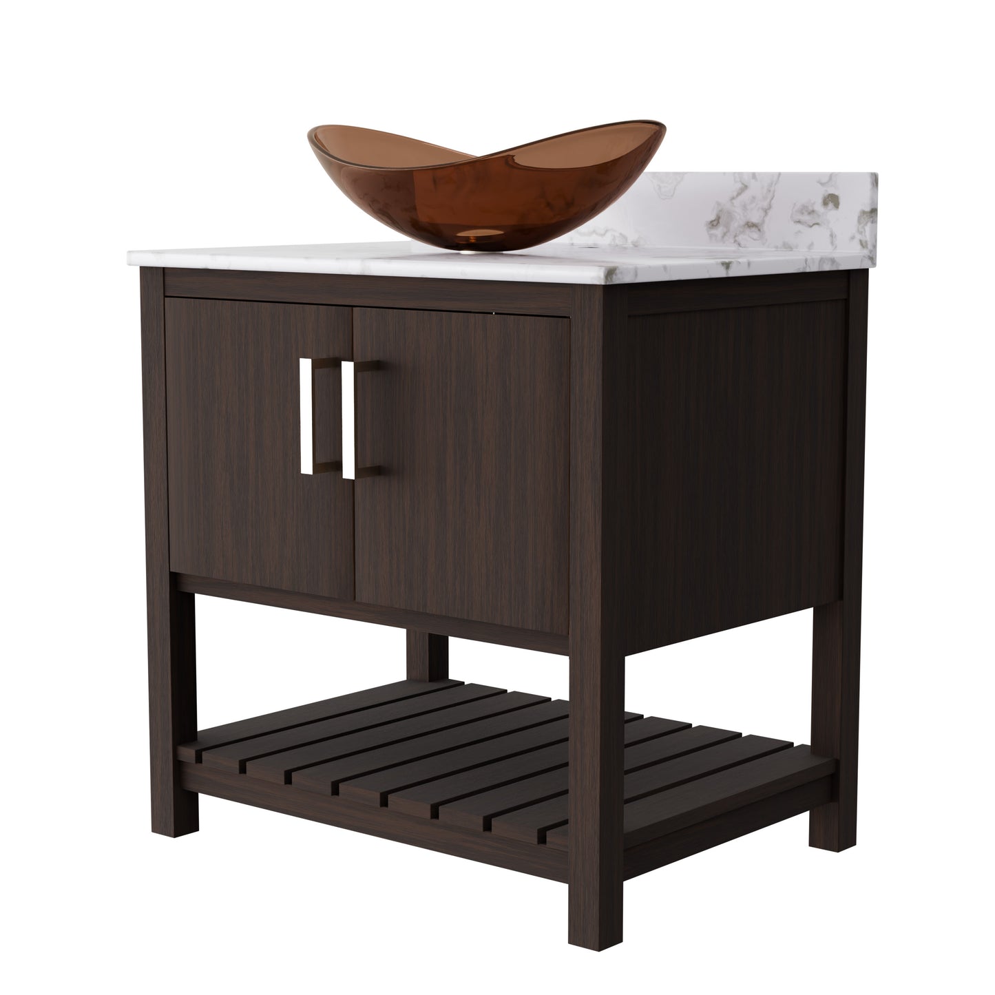 30-inch Novatto bath vanity with Café Mocha quartz countertop and sink, featuring a modern bathroom accessory design.