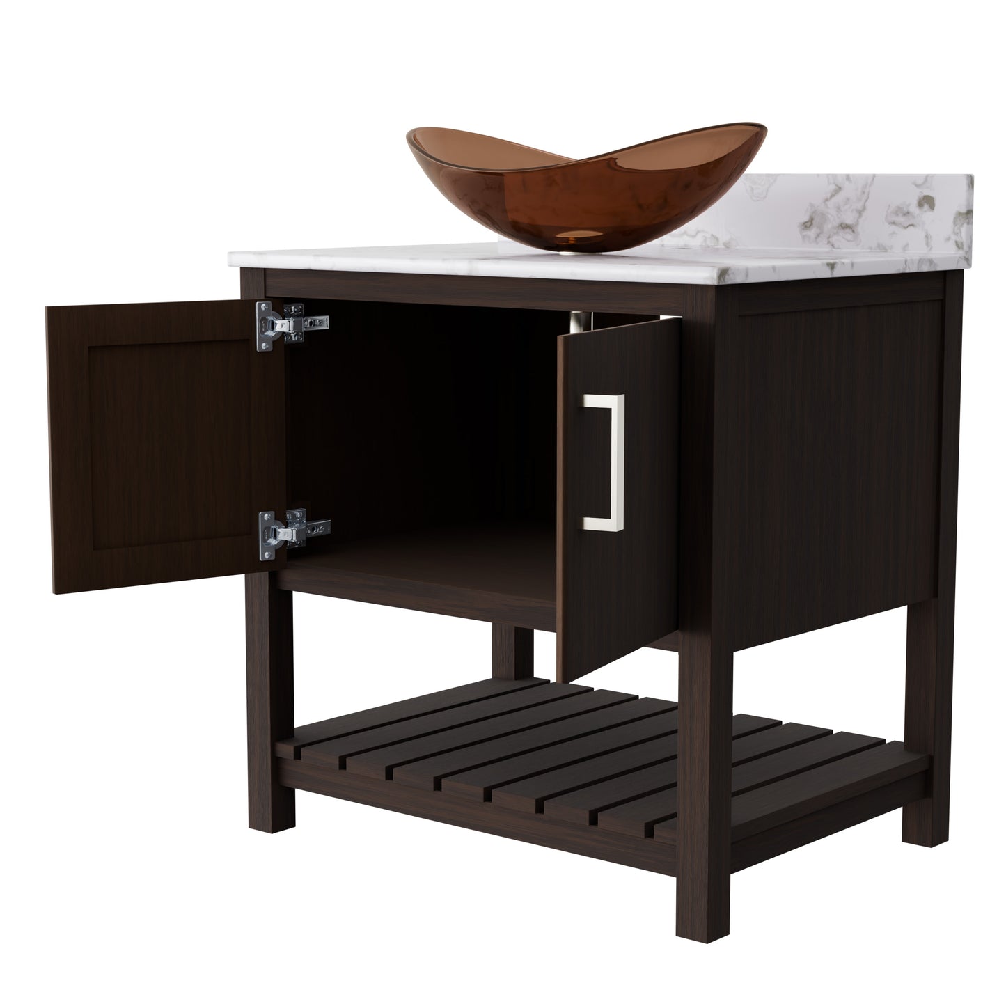 30-inch Novatto bath vanity with café mocha quartz counter and integrated sink, featuring a sleek modern design.