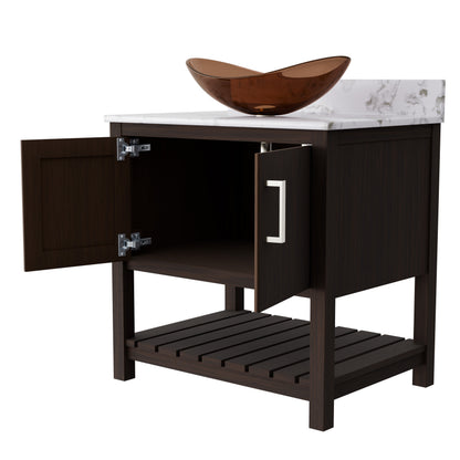30-inch Novatto bath vanity with café mocha quartz counter and integrated sink, featuring a sleek modern design.