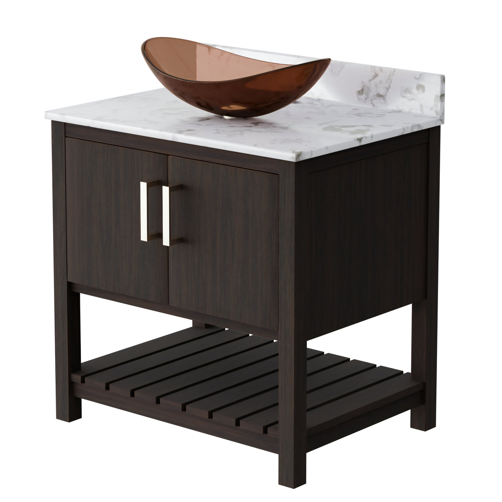 30-inch Novatto bath vanity with café mocha quartz countertop and integrated sink, showcasing sleek bathroom accessory design.