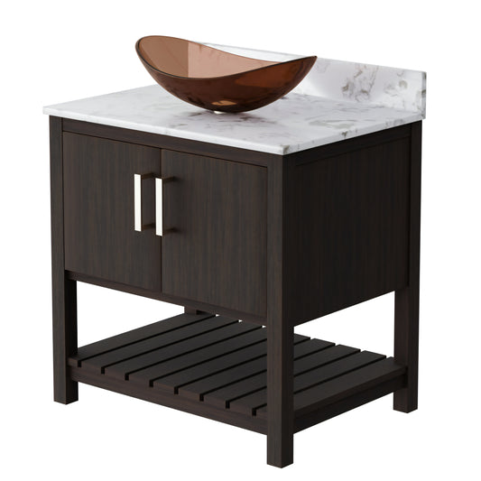 30-inch Novatto bath vanity with café mocha quartz countertop and integrated sink, showcasing sleek bathroom accessory design.