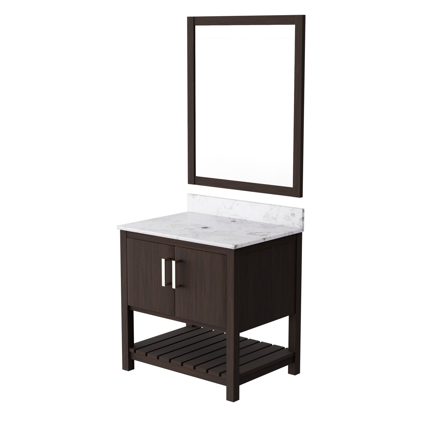 30-inch Novatto vanity with Café Mocha quartz countertop, modern bathroom accessory with sleek design and durable surface.