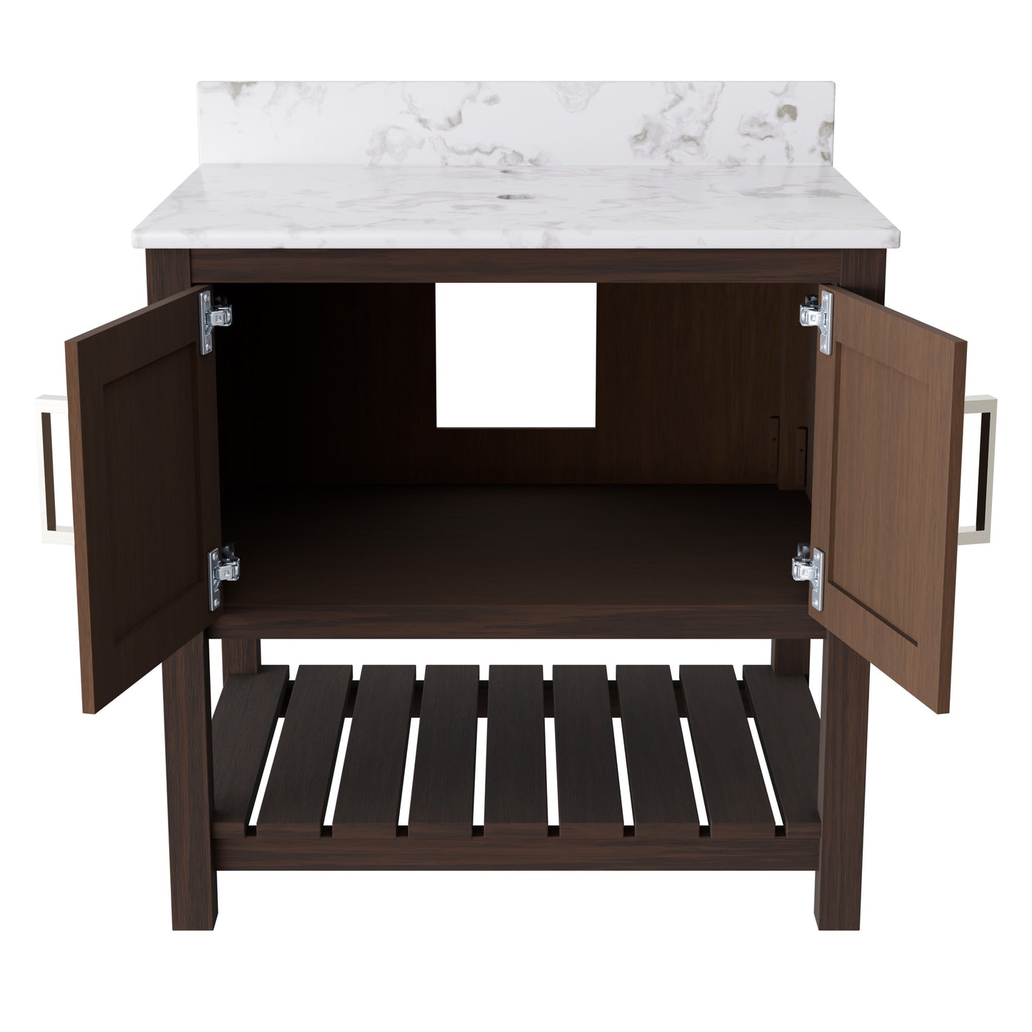 30-inch Novatto vanity with café mocha quartz countertop, showcasing a modern bathroom accessory with sleek design and natural stone finish.