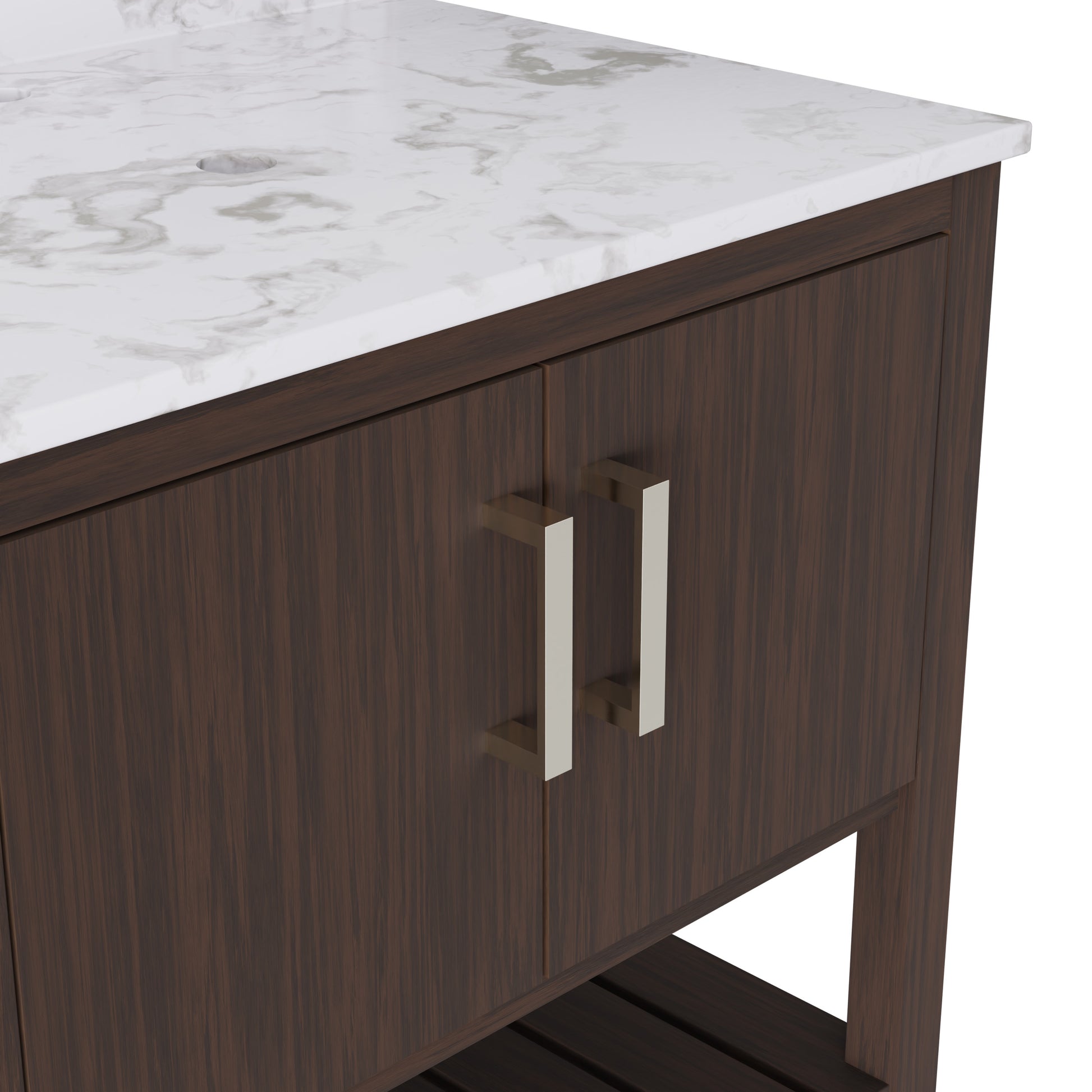 30-inch Novatto vanity with café mocha quartz countertop, showcasing the elegant bathroom accessory and sleek design.