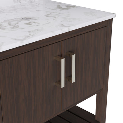 30-inch Novatto vanity with café mocha quartz countertop, showcasing the elegant bathroom accessory and sleek design.