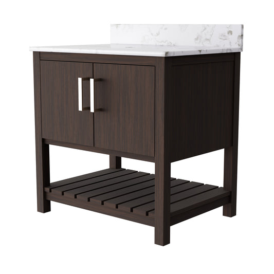 30-inch vanity with café mocha quartz countertop by Novatto, featuring a sleek, modern bathroom accessory design.