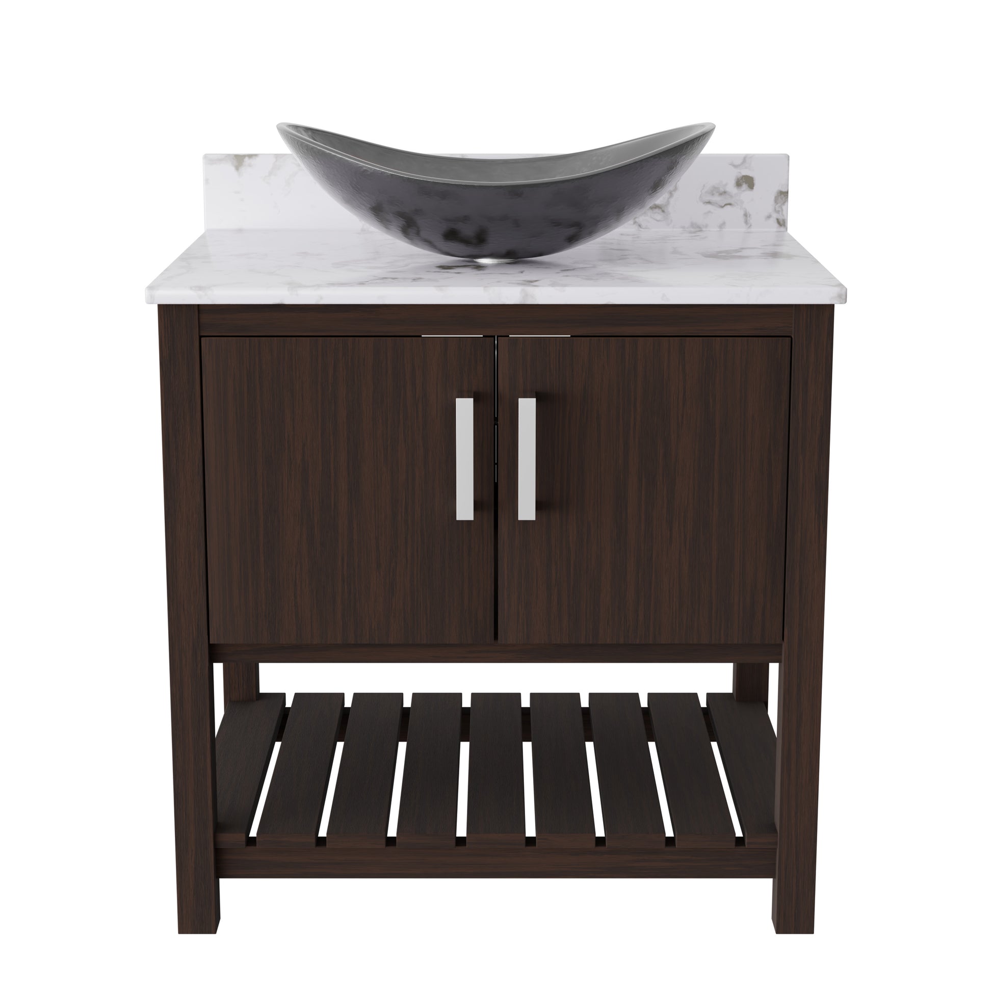 30-inch Novatto bath vanity with café mocha quartz countertop and sink, showcasing a modern bathroom accessory.