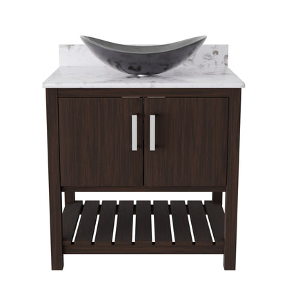 30-inch Novatto bath vanity with café mocha quartz countertop and sink, showcasing a modern bathroom accessory.
