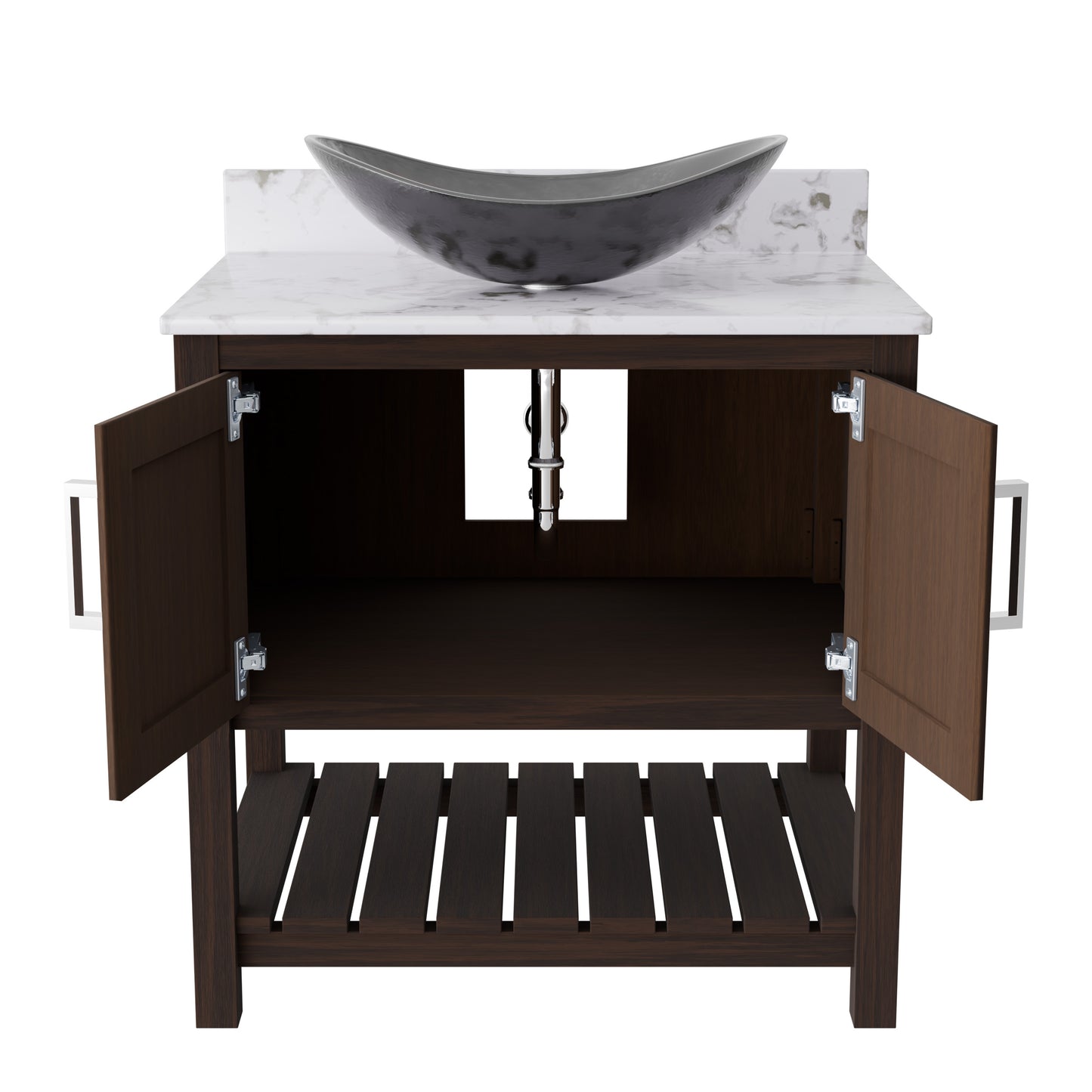 30-inch Novatto bath vanity with café mocha quartz countertop and integrated sink, showcasing sleek bathroom accessory design