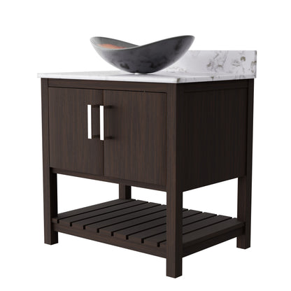Novatto 30-inch bath vanity with café mocha quartz countertop and integrated sink, modern bathroom accessory design