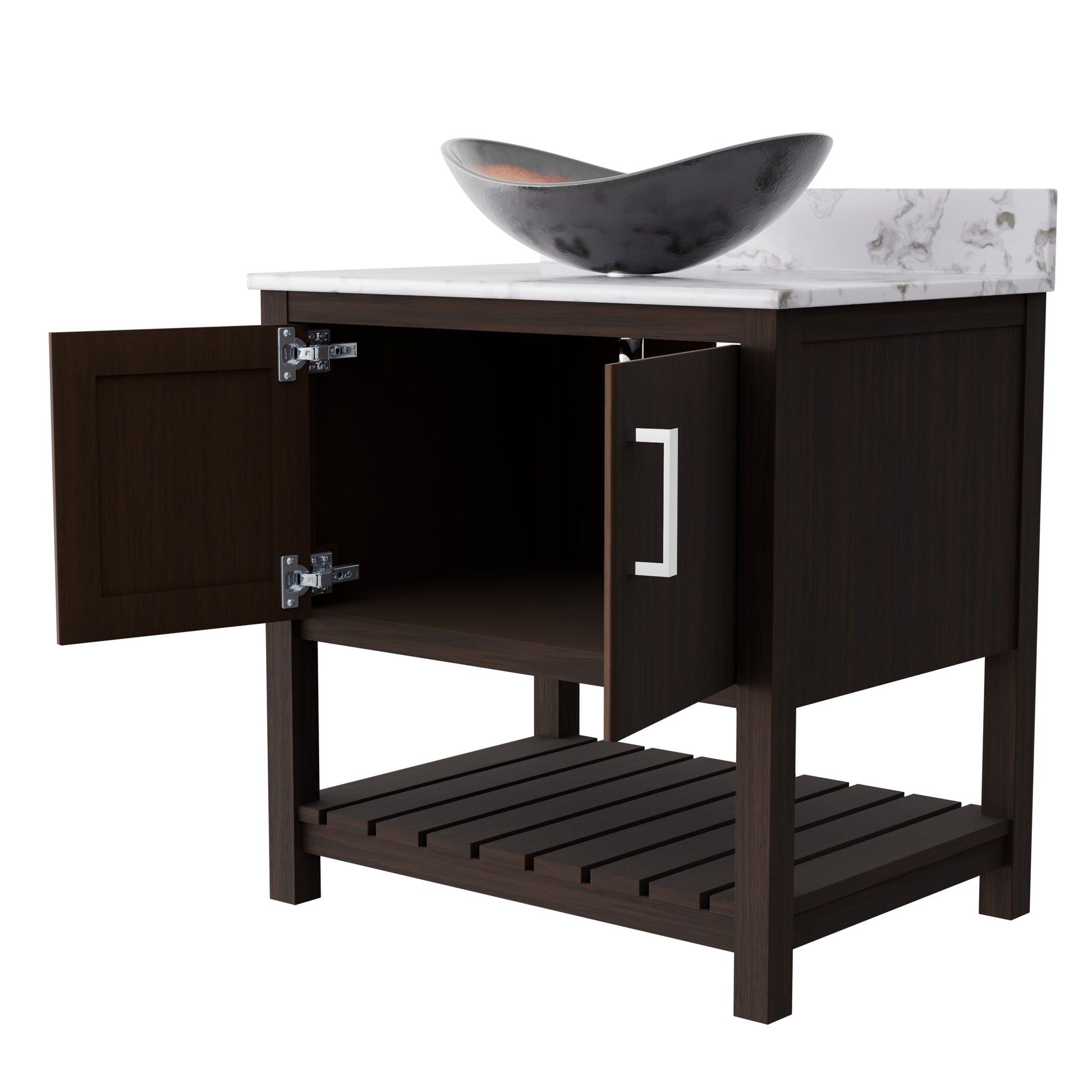 30-inch Novatto bath vanity with café mocha quartz countertop and integrated sink, showcasing a sleek bathroom accessory.
