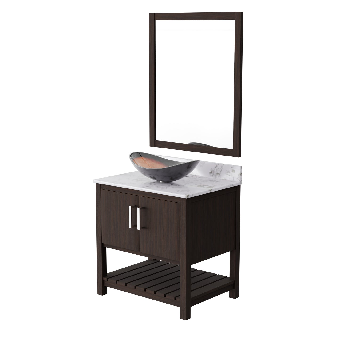 30-inch Novatto bath vanity with café mocha quartz countertop and sink, featuring modern bathroom accessory design.
