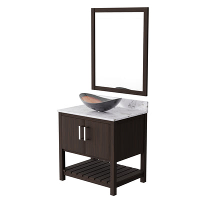 30-inch Novatto bath vanity with café mocha quartz countertop and sink, featuring modern bathroom accessory design.