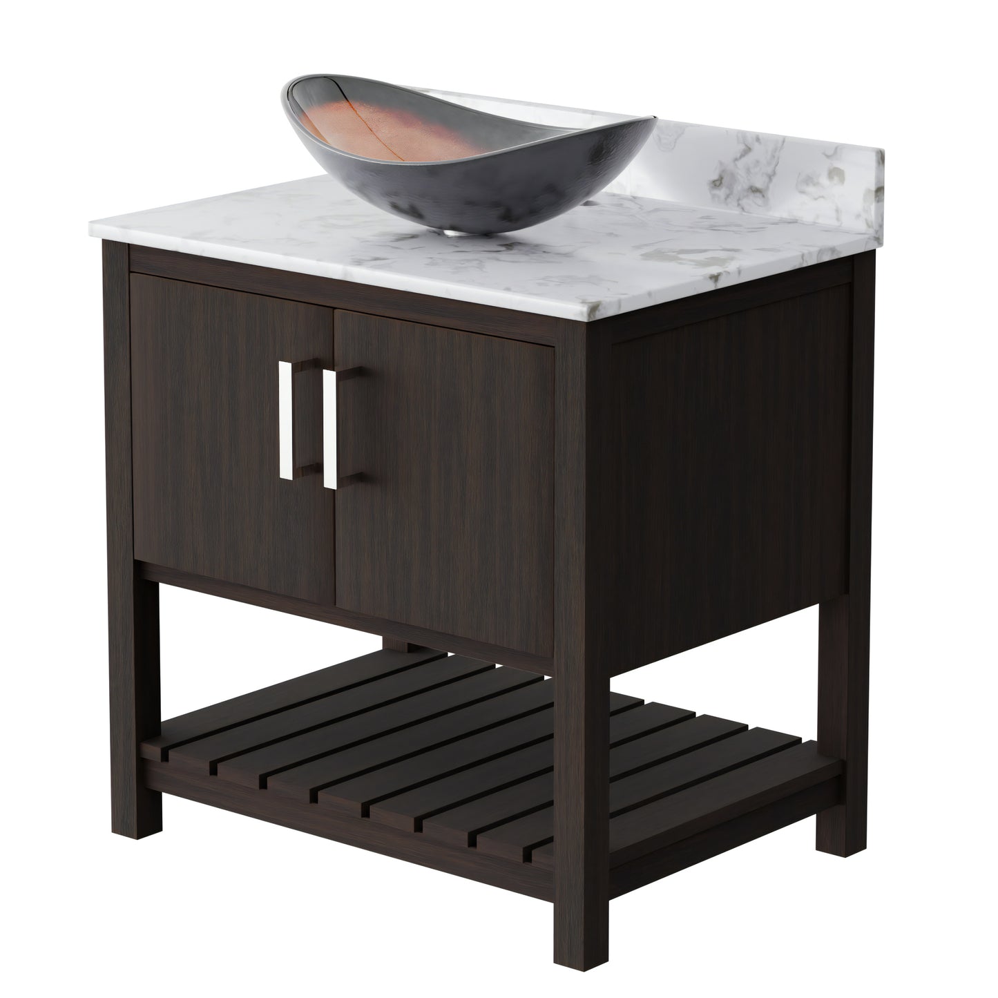 Novatto 30-inch bath vanity with Café Mocha quartz countertop and sink, showcasing a modern bathroom accessory.