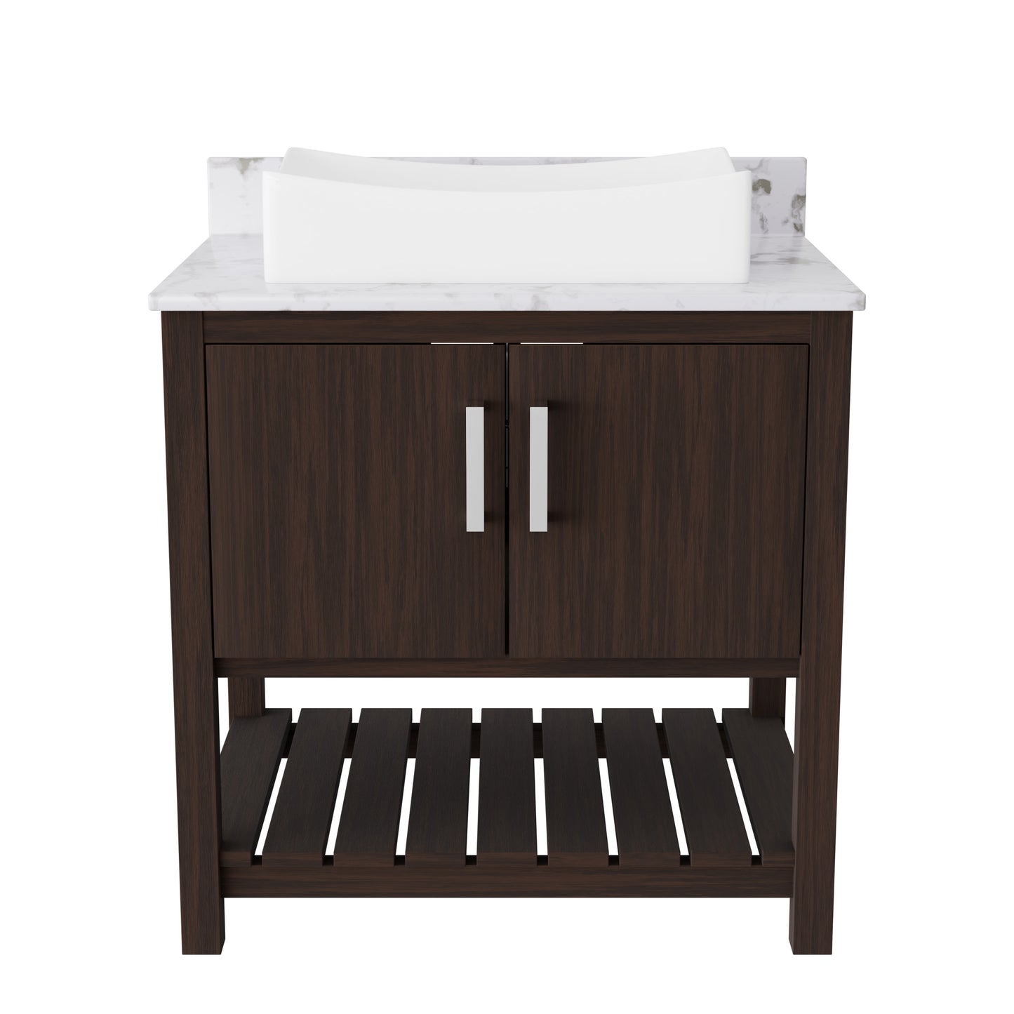 30-inch Novatto bathroom vanity with café mocha quartz countertop and integrated sink, showcasing modern design and natural stone finish.