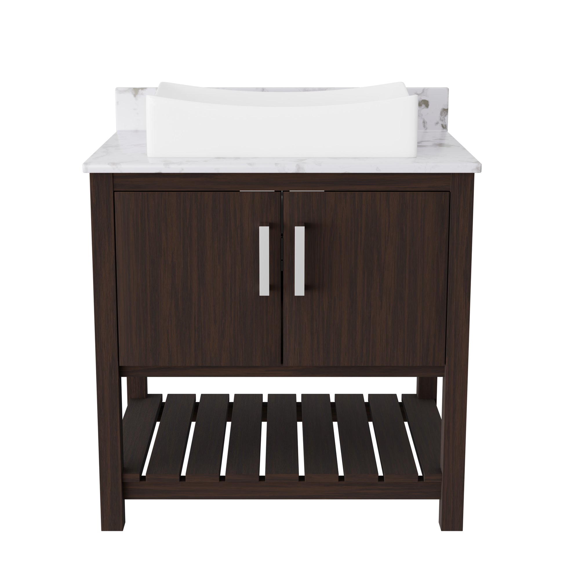 30-inch Novatto bathroom vanity with café mocha quartz countertop and integrated sink, showcasing modern design and natural stone finish.