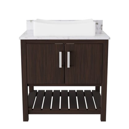 30-inch Novatto bathroom vanity with café mocha quartz countertop and integrated sink, showcasing modern design and natural stone finish.