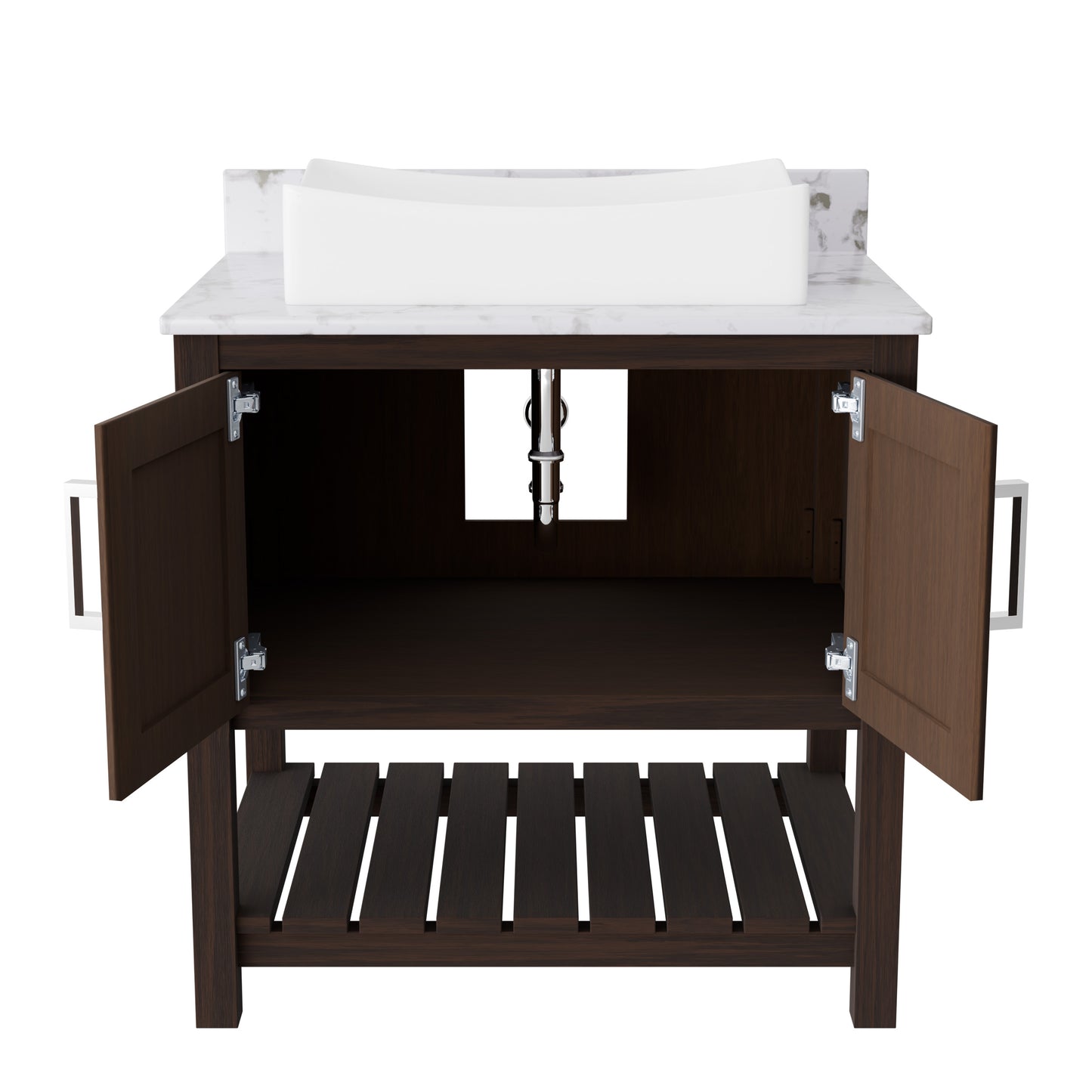 30-inch Novatto bath vanity with café mocha quartz countertop and sink, modern bathroom accessory with sleek design.