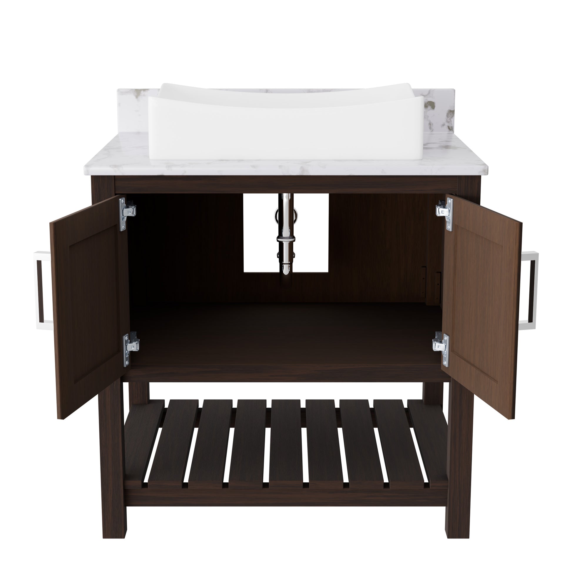 30-inch Novatto bath vanity with café mocha quartz countertop and sink, modern bathroom accessory with sleek design.