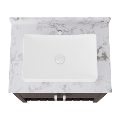 30-inch Novatto bath vanity with café mocha quartz countertop and sink, showcasing sleek design and natural stone finish.