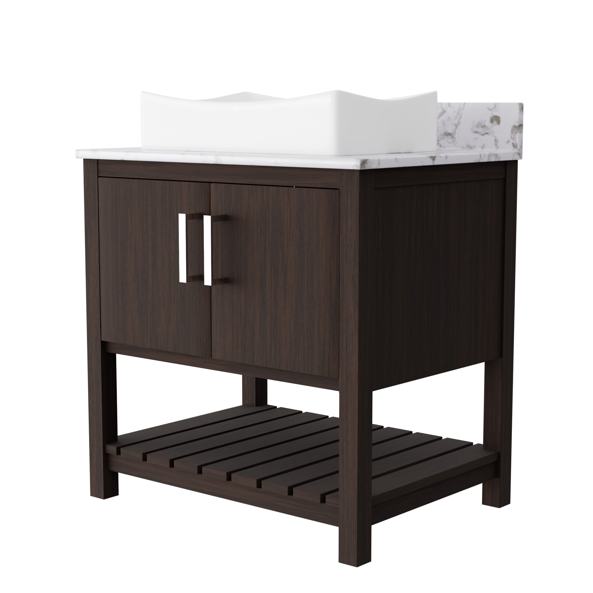 30-inch Novatto bath vanity with café mocha quartz countertop and sink, showcasing elegant bathroom accessory design.