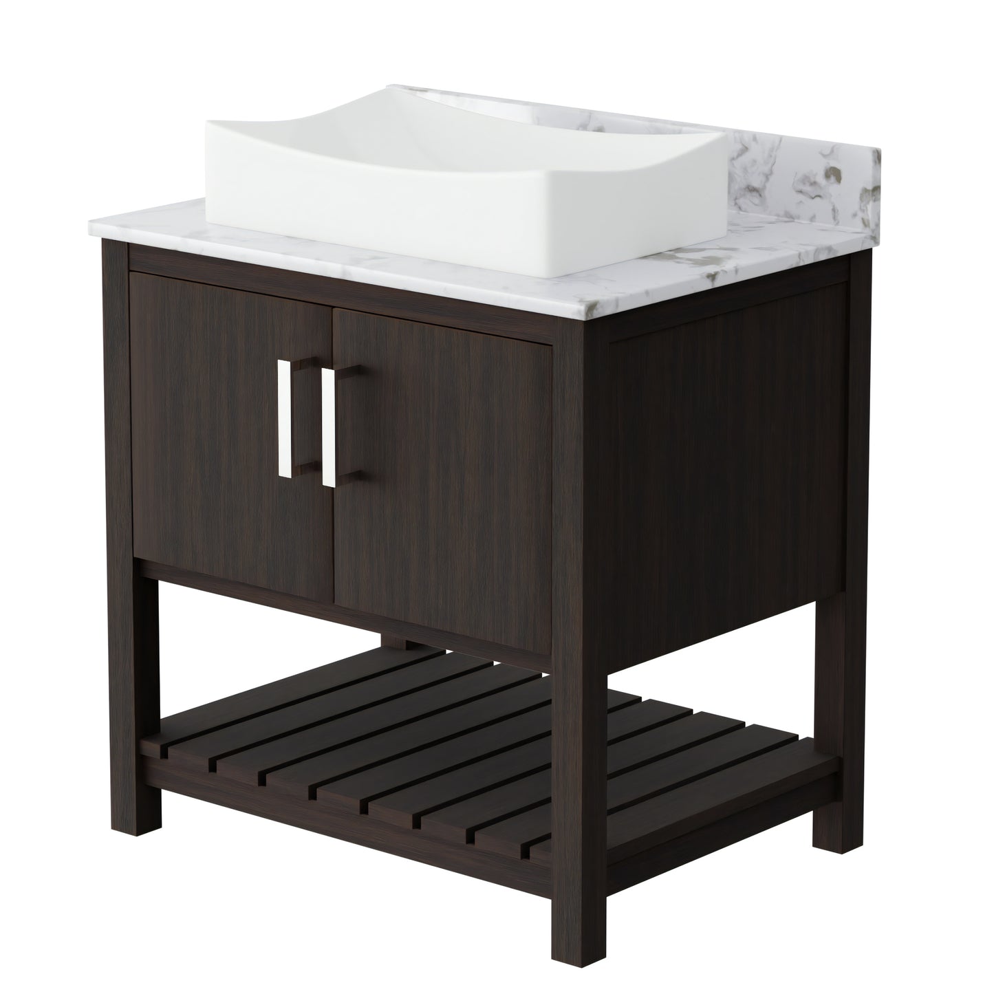30-inch Novatto bath vanity with café mocha quartz countertop and integrated sink, showcasing modern bathroom accessory design.