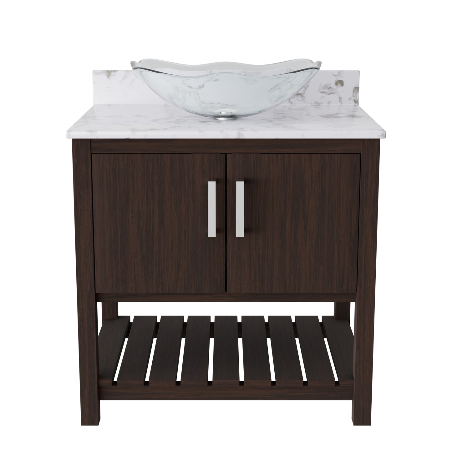30-inch Novatto bath vanity with café mocha quartz countertop and sink, showcasing a sleek bathroom accessory design