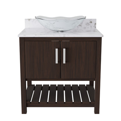 30-inch Novatto bath vanity with café mocha quartz countertop and sink, showcasing a sleek bathroom accessory design