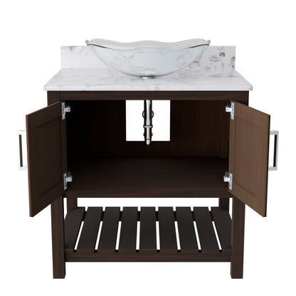 30-inch Novatto bath vanity with café mocha quartz countertop and integrated sink, showcasing the elegant accessory design.