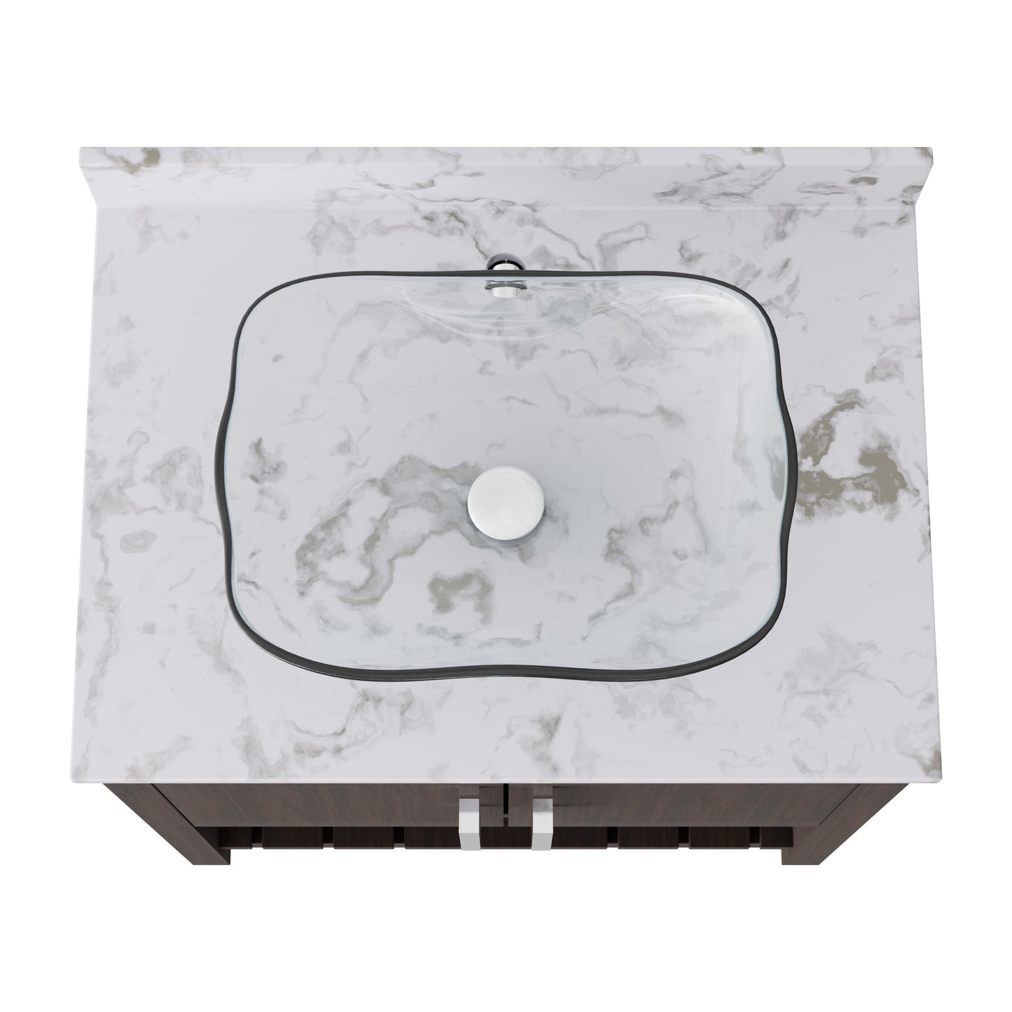 30-inch Novatto bath vanity with café mocha quartz counter and sink, showcasing its elegant design and hardware details.