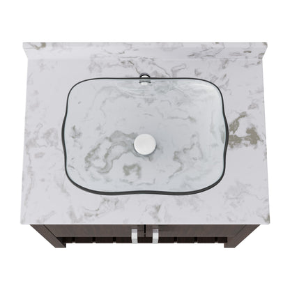 30-inch Novatto bath vanity with café mocha quartz counter and sink, showcasing its elegant design and hardware details.