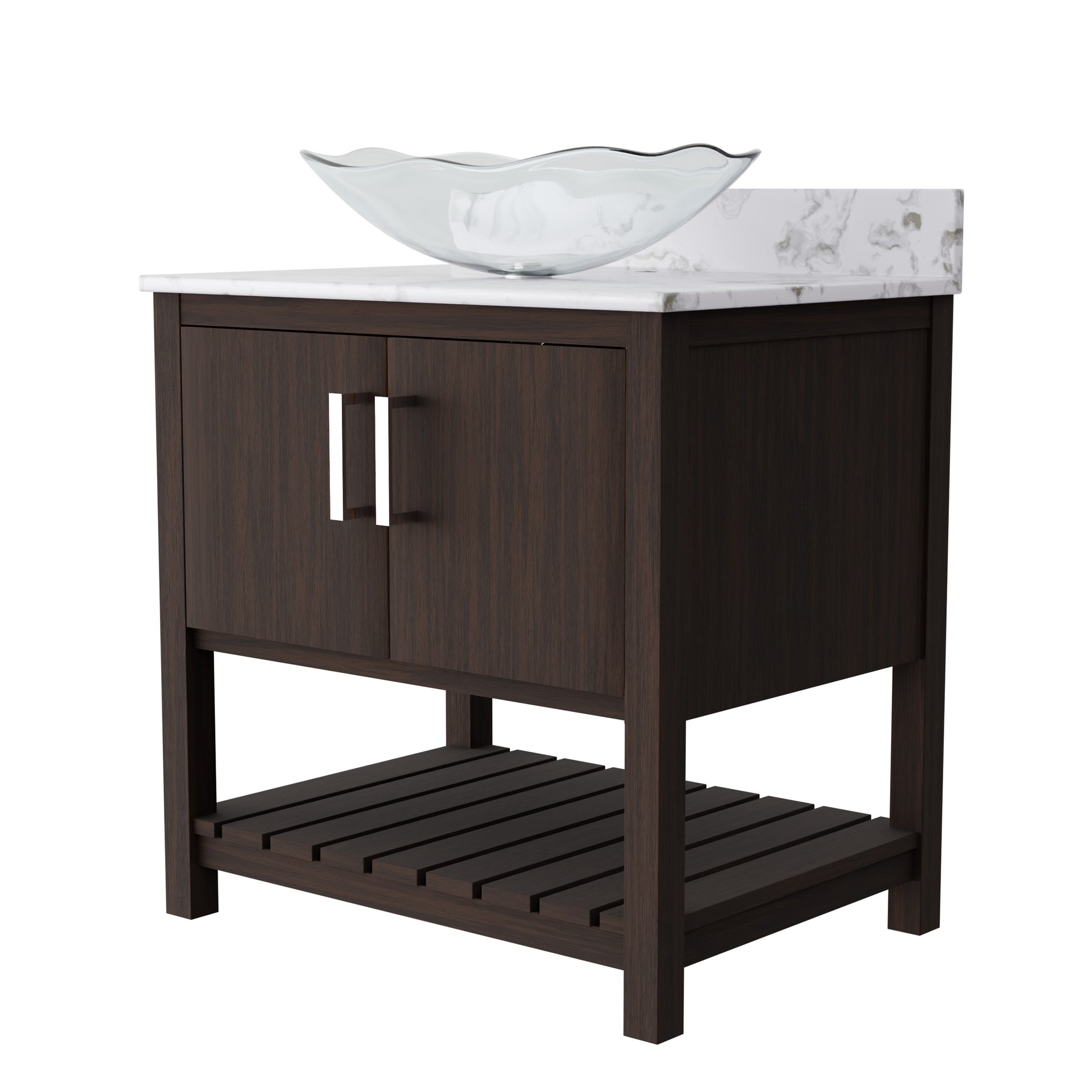 30-inch Novatto bath vanity with café mocha quartz counter and sink, showcasing its sleek bathroom accessory design.
