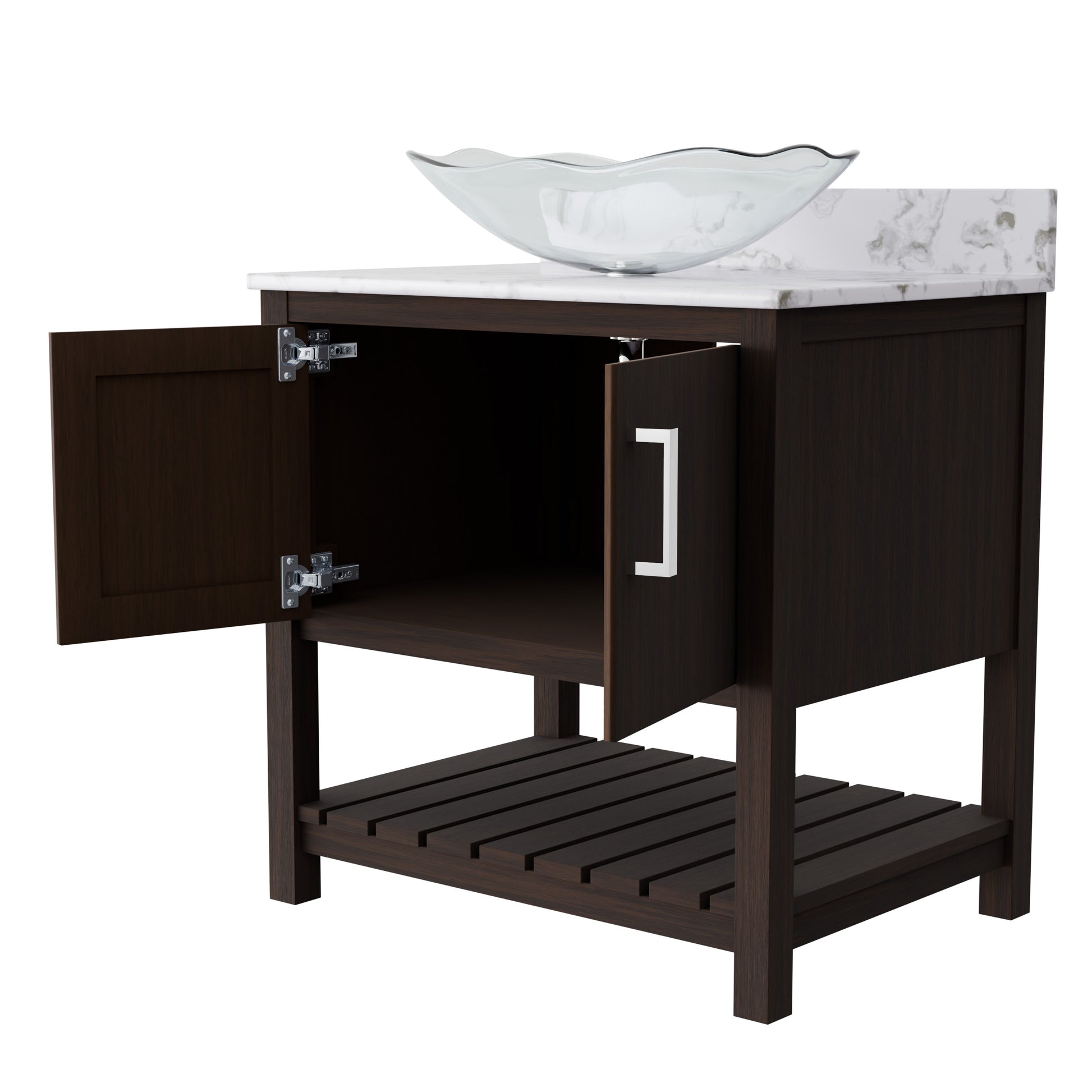 Novatto 30-inch bath vanity with café mocha quartz counter and sink, showcasing the elegant bathroom accessory design.