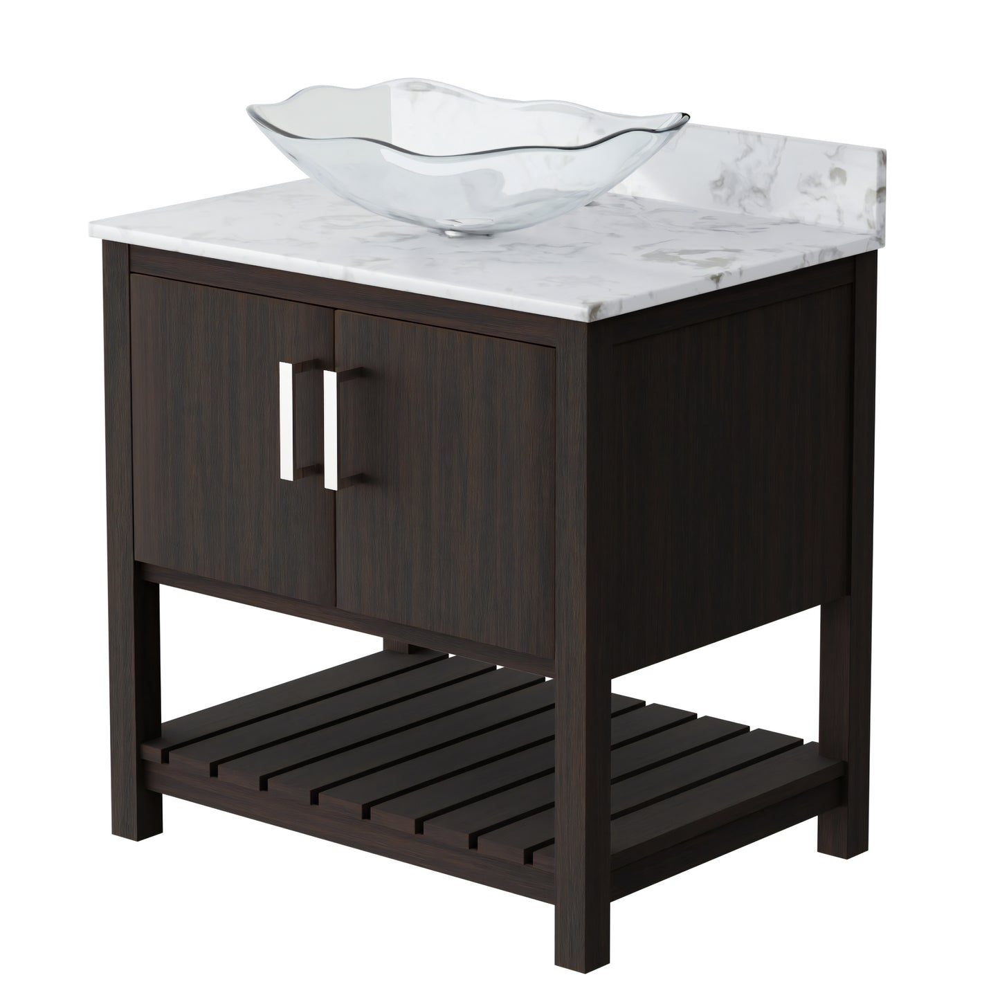 30-inch Novatto bath vanity with café mocha quartz countertop and sink, showcasing the elegant bathroom accessory design.