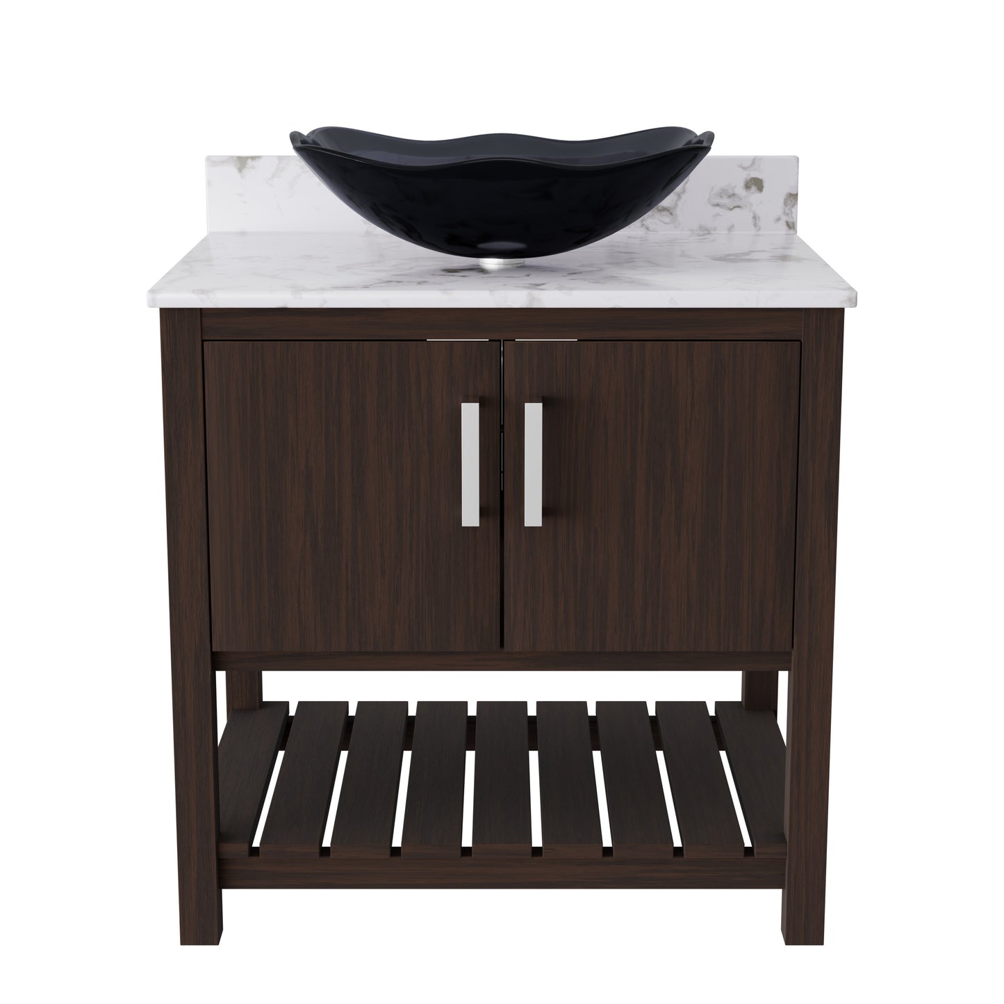 30-inch Novatto bathroom vanity with café mocha quartz countertop and integrated sink, showcasing modern bathroom accessory design.