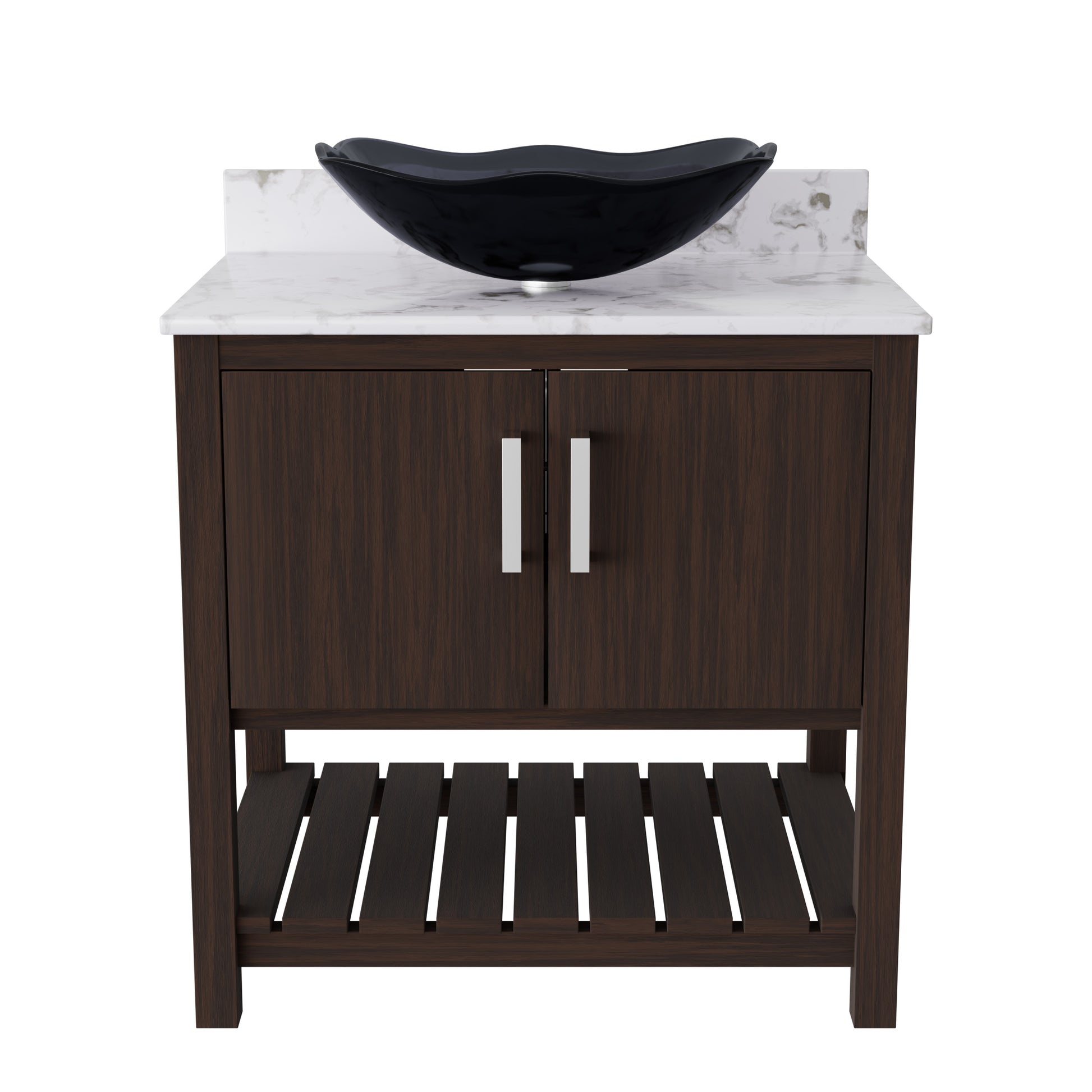 30-inch Novatto bathroom vanity with café mocha quartz countertop and integrated sink, showcasing modern bathroom accessory design.